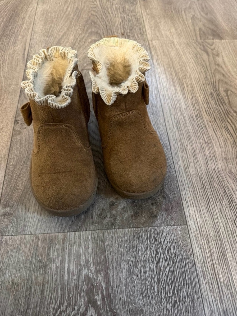 wonder nation Brown Faux Suede Booties with Cream Fur Trim
